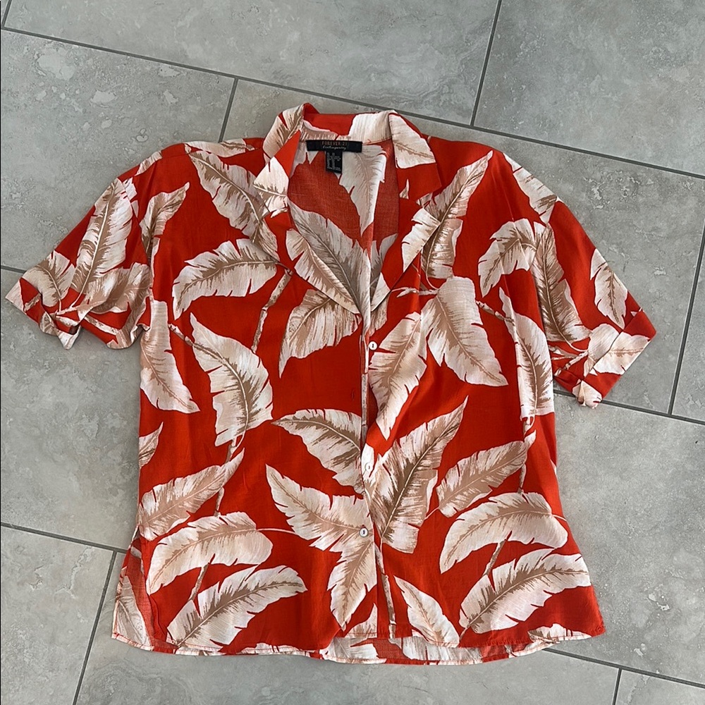 Tropical Leaf Print Hawaiian style Shirt in Bold coral